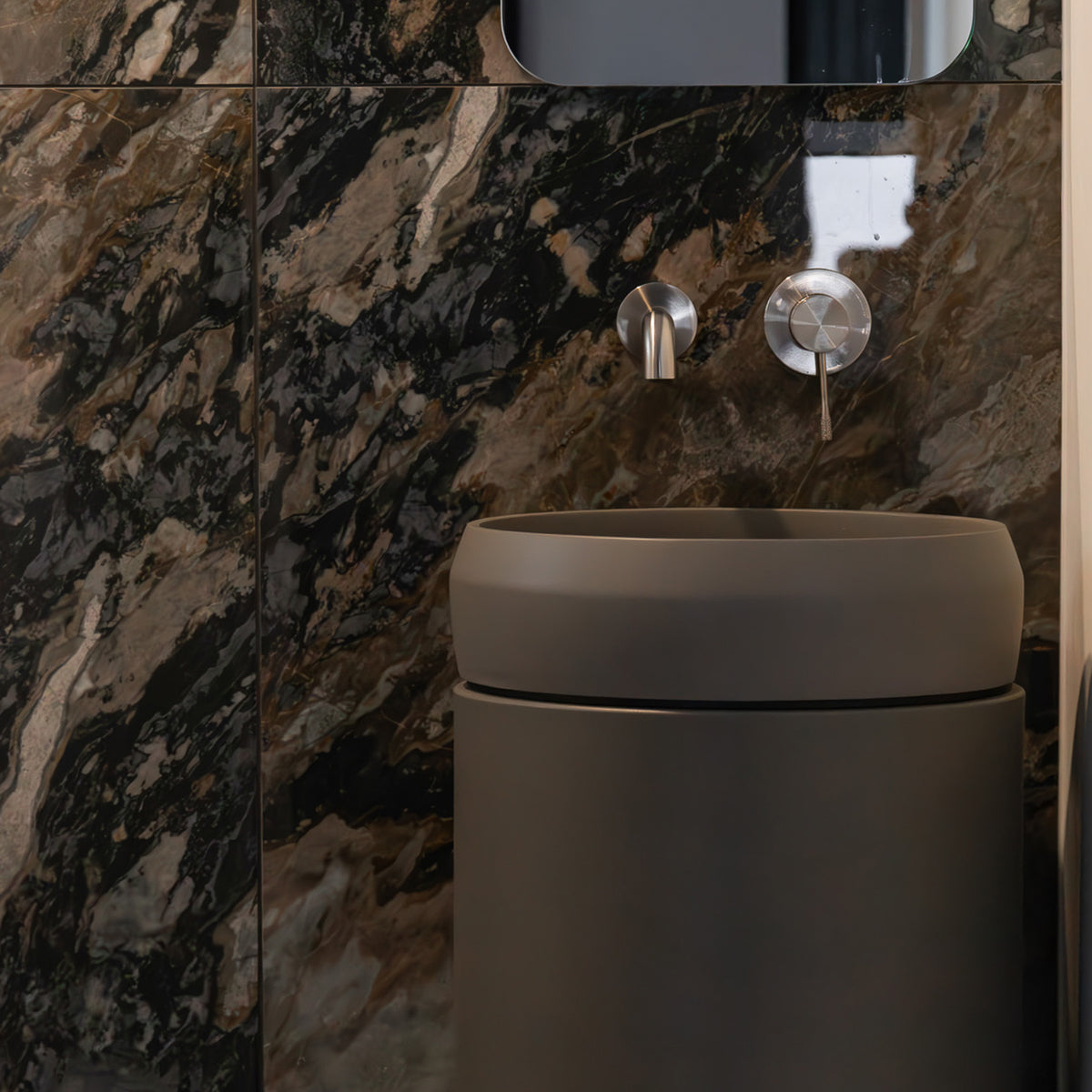 Prism Circle Cylinder with Tray in Mid Tone Grey – Powder room
