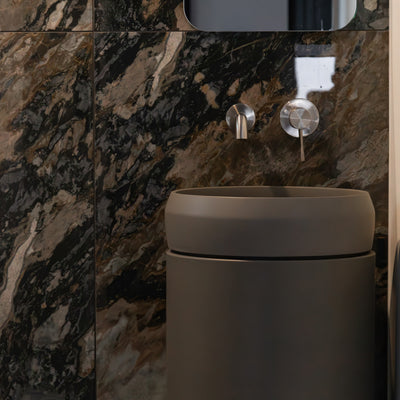 Prism Circle Cylinder with Tray in Mid Tone Grey – Powder room